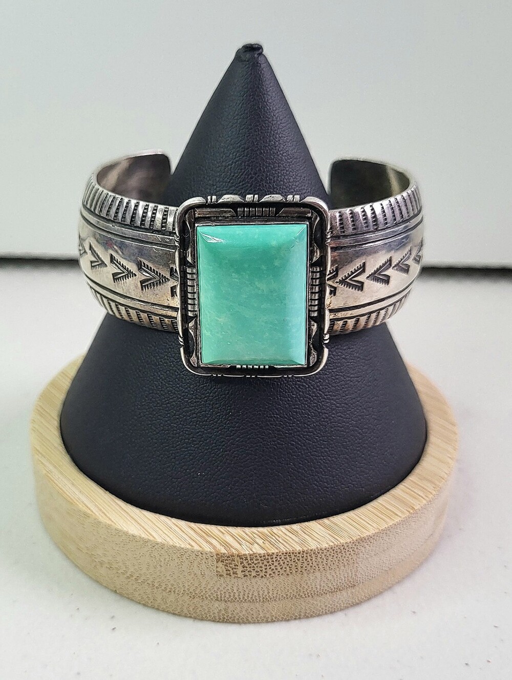 Navajo Sterling Silver Turquoise Cuff Bracelet. Stamped L.M.Y. Square Cabochon.